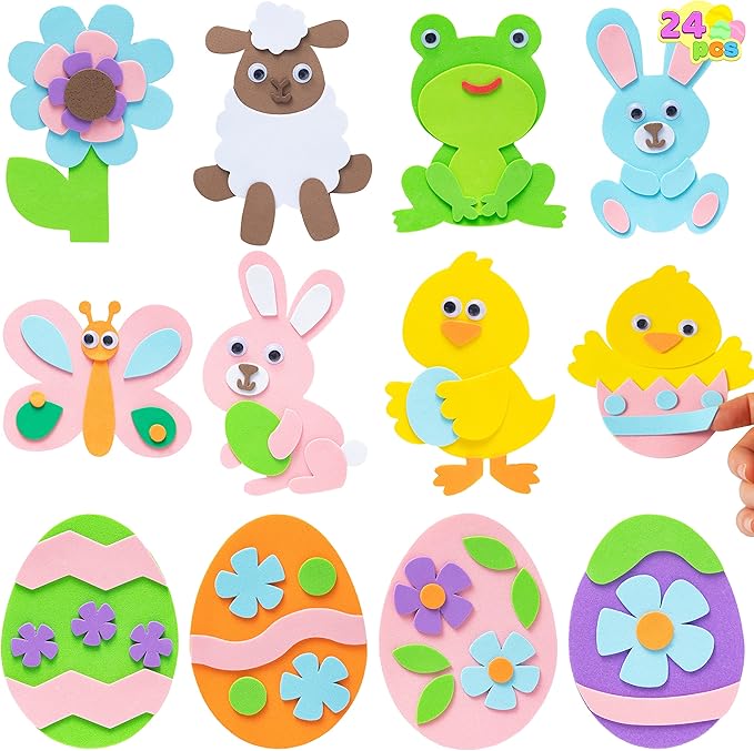 JOYIN 24 Pcs Foam Easter Egg Magnet Craft Kit, Easter Craft Kits DIY Animal and Egg Magnet Set for Kids Favor Classroom Homeschool Art Decor, Art and Craft Supplies Party Favors