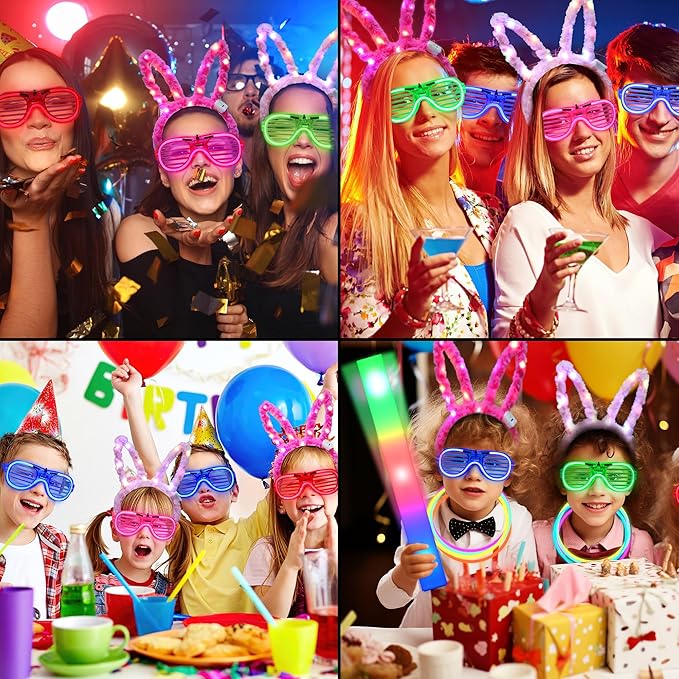 140Pcs Glow in the Dark Party Supplies, 100PCS Glow Sticks, 20PCS Big LED Foam Light Up Sticks, 10PCS LED Glasses, 10PCS LED Rabbit Ears Hairpin, for Wedding/BirthdayDance Floor