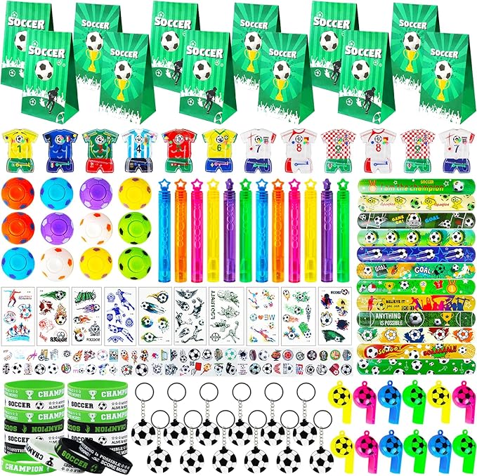 158Pcs Soccer Party Favors for Kids, Soccer Goodie Bag Stuffers Includ Rotatable Finger Stress Toys Whistles Bubble Wands Keychain Sticker for Birthday School Classroom Gifts Reward Prize