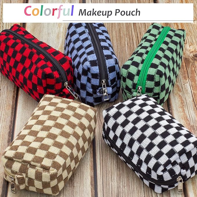 PAZIMIIK Checkered Makeup Bag for Purse Portable Zipper Make Up Pouch Small Cosmetic Case for Travel Accessories (6PCS Coffee)