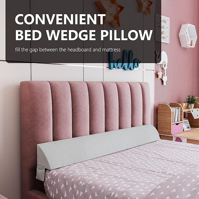 Bed Wedge Pillow for Headboard Gap Bed Mattress Gap Filler (0-8") Between Headboard/Wall and Mattress White Twin Size Foam Support Triangle Bloster Pillow Stoppers with 2 Pockets