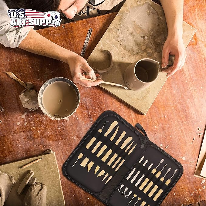 US Art Supply 14-Piece Pottery, Clay Sculpture & Ceramics Tool Set with Canvas Zippered Case