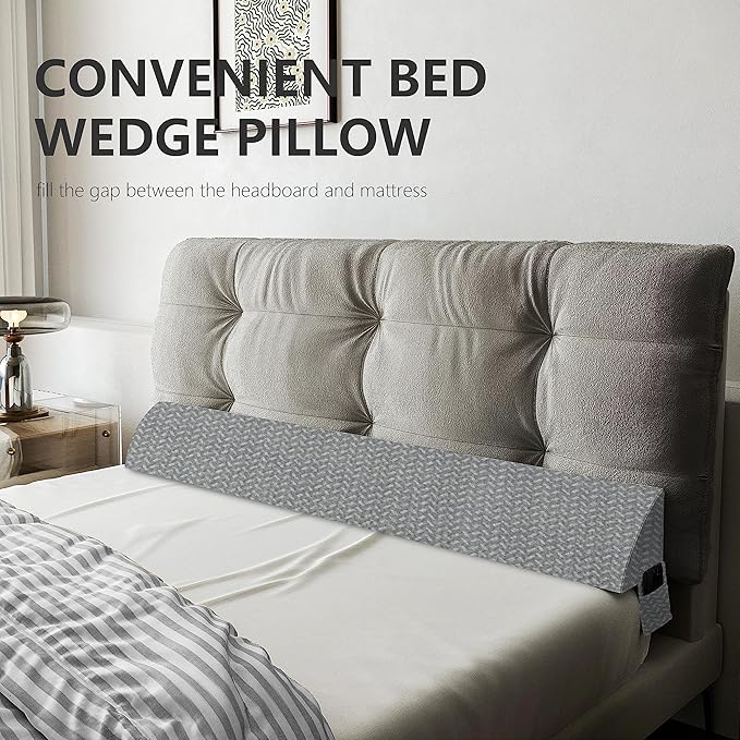 Bed Wedge Pillow for Headboard Gap Bed Mattress Gap Filler (0-8") Between Headboard/Wall and Mattress Grey Queen Size Foam Support Triangle Bloster Pillow Stoppers with 2 Pockets