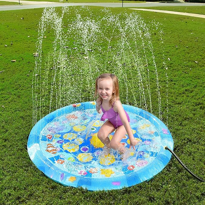 4 in 1 Splish Splash Learning Pad – Outdoor 60” Sprinkler Water Toy for Toddlers and Kids | USA Patented Swimming Ocean Animals | Inflatable Pool with Matching and Learning Games