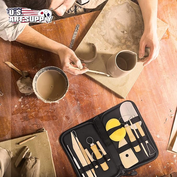 US Art Supply 12-Piece Pottery and Clay and Sculpting Tools Set with Canvas Zippered Case