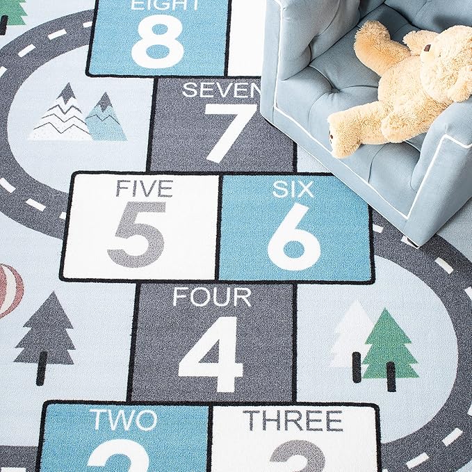 SAFAVIEH Kids Play House Collection 3'3" Square Grey/Blue KPH226F Machine Washable Hopscotch Playroom Nursery Bedroom Area Rug