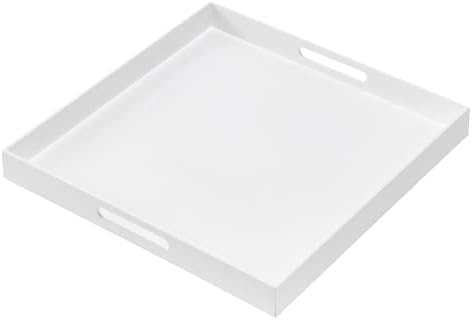 BEYLANG Glossy White Sturdy Acrylic Serving Tray with Handles-24x24Inch-Serving Coffee,Appetizer,Breakfast,Butler-Kitchen Countertop Tray-Makeup Drawer Organizer-Vanity Table,Ottoman Tray-Decorative