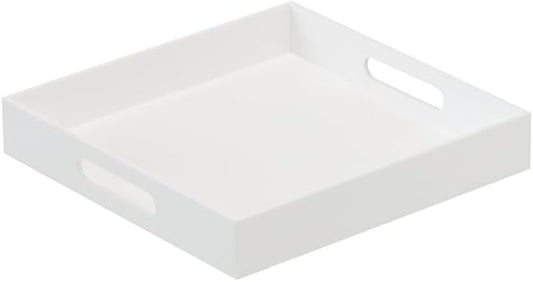 BEYLANG Glossy White Sturdy Acrylic Serving Tray with Handles-12x12 Inch-Serving Coffee,Appetizer,Breakfast,Butler-Kitchen Countertop Tray-Makeup Drawer Organizer-Vanity Table,Ottoman Tray-Decorative