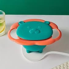 BPA Free Anti Spill 360 Rotate Gyro Bowl for Babies, Universal Kids Feeding Tableware (Orange/Green), Small