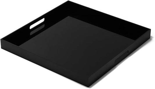 BEYLANG Glossy Black Sturdy Acrylic Serving Tray with Handles-24x24Inch-Serving Coffee,Appetizer,Breakfast,Butler-Kitchen Countertop Tray-Makeup Drawer Organizer-Vanity Table,Ottoman Tray-Decorative