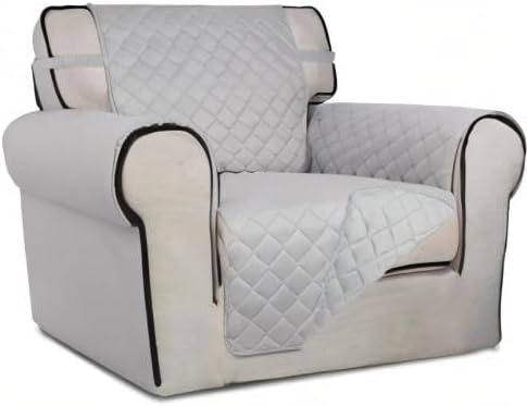 PureFit Reversible Quilted Sofa Cover, Water Resistant Slipcover Furniture Protector, Washable Couch Cover with Non Slip and Elastic Straps for Kids, Dogs, Pets (Chair, Light Gray/Light Gray)