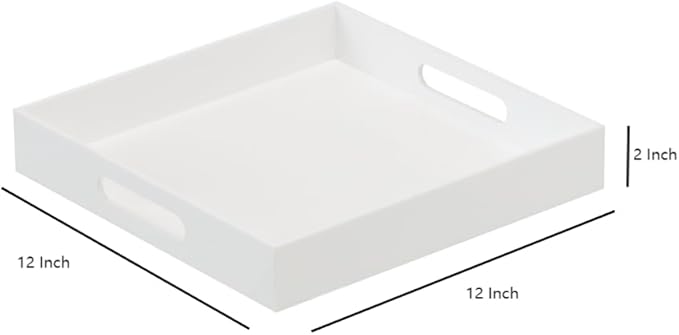 BEYLANG Glossy White Sturdy Acrylic Serving Tray with Handles-12x12 Inch-Serving Coffee,Appetizer,Breakfast,Butler-Kitchen Countertop Tray-Makeup Drawer Organizer-Vanity Table,Ottoman Tray-Decorative