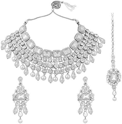 Aheli Kundan and Simulated Colored Stones Indian Ethnic Maang Tikka Necklace and Earrings Set Bollywood Festive Statement Jewelry Gift for Women