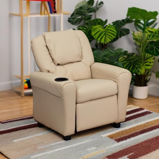 Flash Furniture Vana Vinyl Kids Recliner with Cup Holder, Headrest, and Safety Recline, Contemporary Reclining Chair for Kids, Supports up to 90 lbs., Beige
