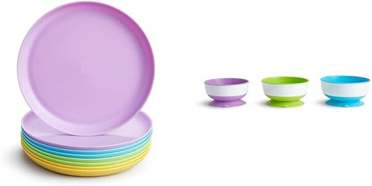 Munchkin® Multi™ Baby and Toddler Plates, 8 Pack & Stay Put™ Suction Bowls for Babies and Toddlers, 3 Pack, Blue/Green/Purple