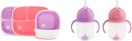 Munchkin® Splash™ 4 Piece Toddler Divided Plate and Bowl Dining Set, Pink/Purple & Any Angle™ Weighted Straw Trainer Cup with Click Lock™ Lid, 7 Ounce, 2 Pack, Pink/Purple