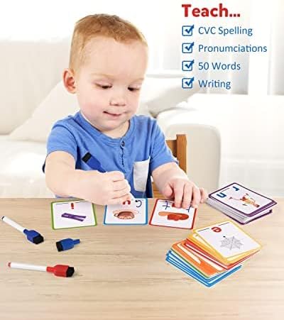 Coogam CVC Sight Words Flashcards, Short Vowel Spelling Game, Preschool Kids Learning Sight Words Supplies, Montessori Educational Writing Reading Toy Gift for 3 4 5 Years Old