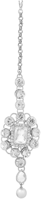 Aheli Kundan and Simulated Colored Stones Indian Ethnic Maang Tikka Necklace and Earrings Set Bollywood Festive Statement Jewelry Gift for Women