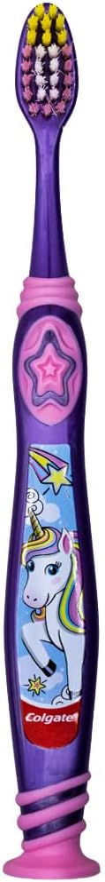 Colgate Kids Unicorn Toothbrush, with Suction Cup for Children 5+ Years Old, Extra Soft (Colors Vary) - Pack of 2