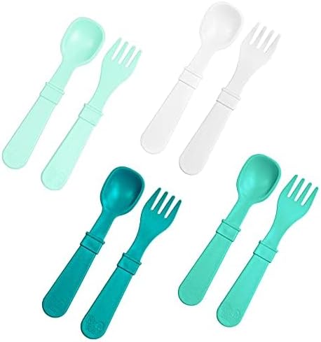 Re-Play Made in USA Toddler Forks and Spoons, Pack of 8 Without Carrying Case - 4 Kids Forks with Rounded Tips and 4 Deep Scoop Toddler Spoons - 0.2" Thick Toddler Utensils, Sea Glass