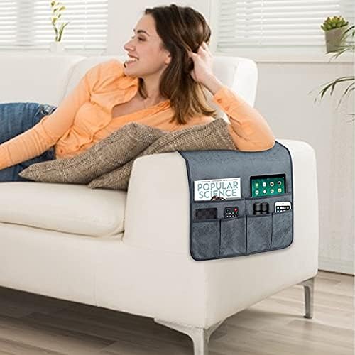 HAOMAIJIA Anti Slip Sofa Armrest Organizer Arm Chair Bedside Caddy Storage Organizer For Recliner Couch With 6 Pockets For Cell Phone Tv Remote Control Magazines (grey blue)
