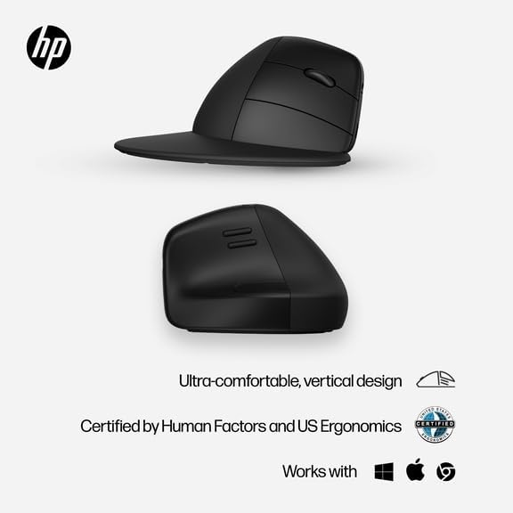 HP 920 Ergonomic Vertical Mouse Wireless Bluetooth 5.3 & USB Dongle, 5 Programmable Buttons, 16 Week Battery, Multi-Device, Multi-OS