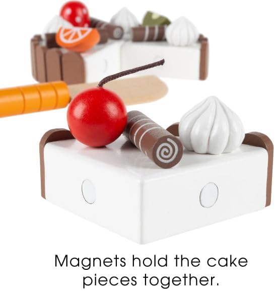 Hey! Play! Birthday Cake-Kids Wooden Magnetic Dessert with Cutting Knife, Fruit Toppings, Chocolate and Vanilla Swirls-Fun Pretend Play Party Food