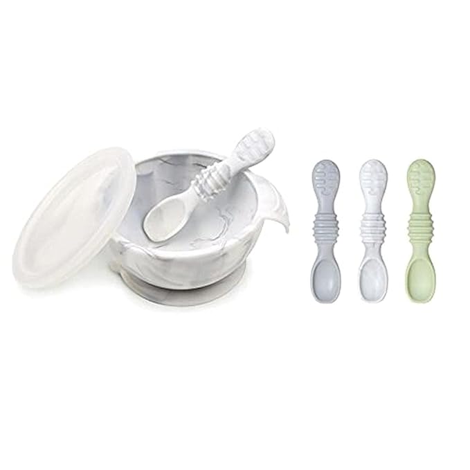 Bumkins Baby Bowl, Silicone Feeding Set with Suction for Baby and Toddler, Includes 4 Spoons and Lid, First Feeding Set, Training Essentials for Baby Led Weaning for Babies 4 Months Up, Marble