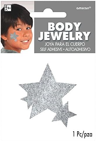 Amscan Stars Assorted Glitter Self-Adhesive Body Jewelry, 5" X 3 1/2" (pkg. size), Silver