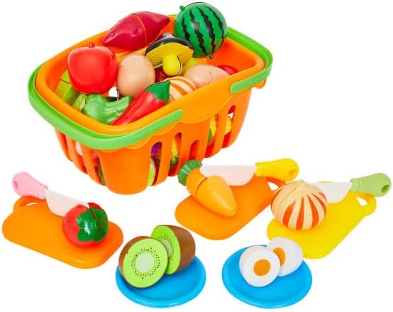 Hey! Play! 46-Piece Play Food Set - Includes 35 Cutting Play Food Toys, Grocery Basket, 3 Cutting Boards, 3 Knives, and 4 Dishes - for Ages 3 and Up, Orange (80-PP170010)