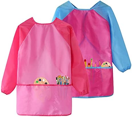 Kids Art Smocks, Painting Apron Artist Smock with Sleeve and 3 Pockets 2 Pack Black/White Set