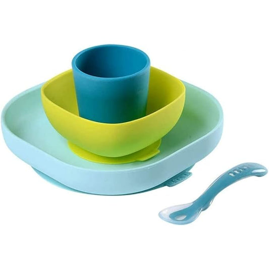 BEABA Silicone 4 Piece Baby Feeding Set, Suction Plates for Baby, Includes Plate, Bowl, Cup, 2nd Stage Silicone Spoon, High Grade Food Safe Silicone, Peacock