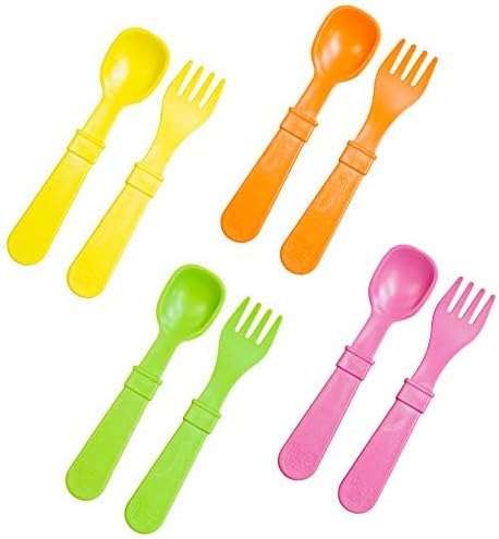 Re-Play Made in USA Toddler Forks and Spoons, Pack of 8 Without Carrying Case - 4 Kids Forks with Rounded Tips and 4 Deep Scoop Toddler Spoons - 0.2" Thick Toddler Utensils, Citrus