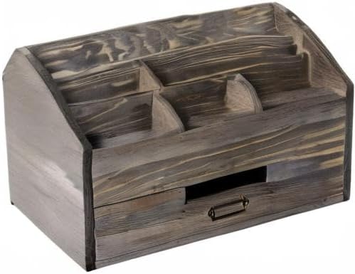 VERGOODR Rustic Wood Desk Organizer and Storage with Drawer and Pen Holder Bill Mail Organizer and Mail Holder for Countertop Kitchen Desk Decorative & Workspace Organizers(Rock Grey)