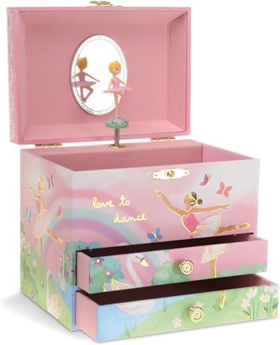 Jewelkeeper Jewelry Box for Girls - Spinning Ballerina Doll to Swan Lake Tune Music Box - Pink Jewelry Box for Girls with 2 Drawers - Ideal for Storing Necklaces and Bracelets - 7Lx5Hx6W Inches