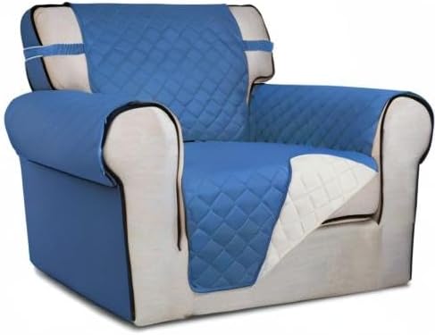 PureFit Reversible Quilted Sofa Cover, Water Resistant Slipcover Furniture Protector, Washable Couch Cover with Non Slip and Elastic Straps for Kids, Dogs, Pets (Chair, Blue/Ivory)