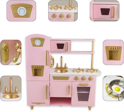 Kitchen Playset for Kids Ages 3-8, Wooden Pretend Play Kitchen for Toddlers, Including Telephone, Ice Maker, Refrigerator, Dimensions: 35” H x 31” W x 12” D (Pink)