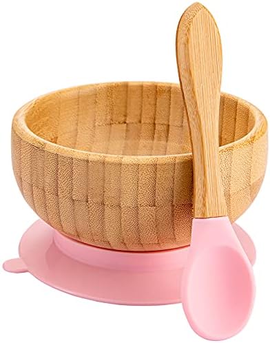 Baby Bowls and Spoons, Baby Bamboo Bowl and Spoon | Silicone Suction | Bamboo Baby Bowls for Baby | Baby Bowls First Stage | Baby Wood Bowls (Pink)