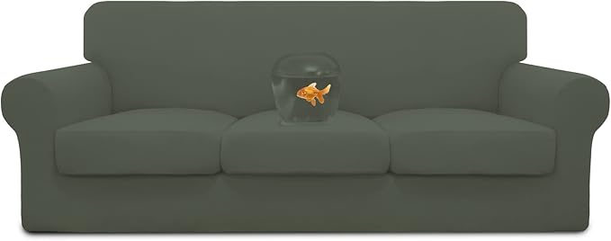 Easy-Going 100% Dual Waterproof Stretch Soft Couch Cover for Dogs, Sofa Slipcover for 3 Separate Cushion Couch Leakproof Furniture Protector for Kids, Pets Grayish Green