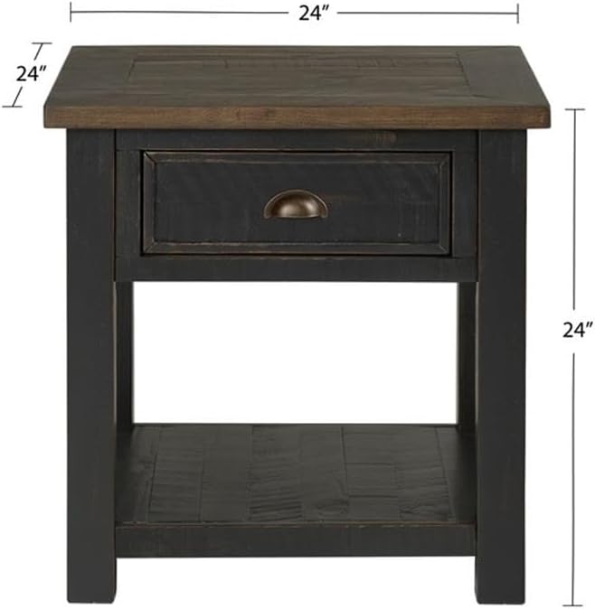 Monterey Farmhouse Rustic End Table, Solid Pine Wood Coastal Side Table with Drawer and Shelf. Black and Brown.