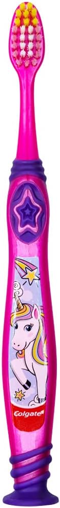 Colgate Kids Unicorn Toothbrush, with Suction Cup for Children 5+ Years Old, Extra Soft (Colors Vary) - Pack of 2