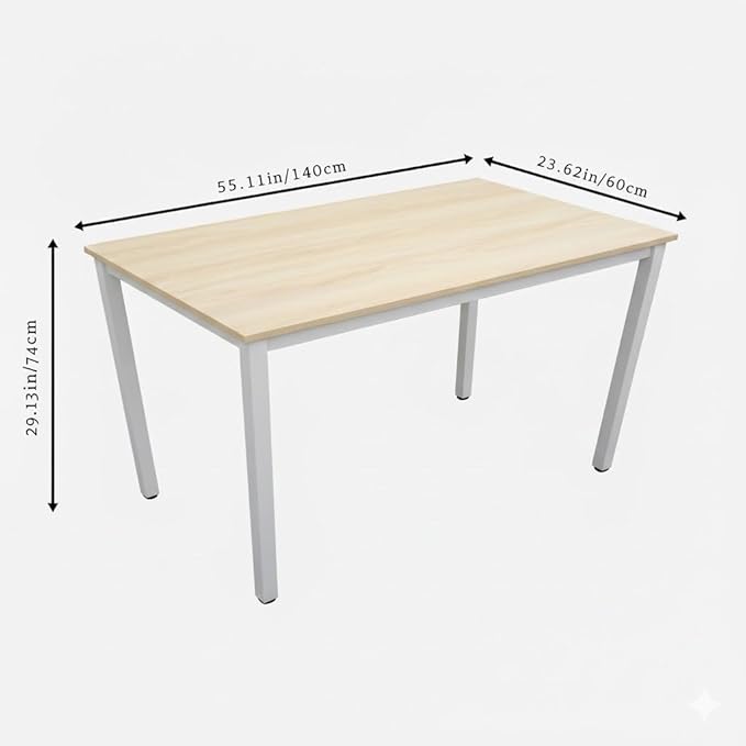 55 inch Large Computer Desk Wood, Modern Simple Style Desk for Home Office, Bedroom, Study Student Writing Desk, Small Spaces, White Metal Frame, Apple Wood Grain Top