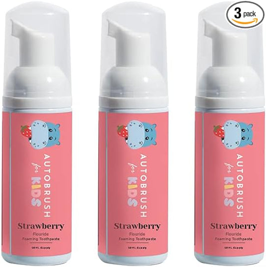 autobrush Kids Fluoride Foaming Toothpaste Strawberry Flavor for Electric or U-Shaped Toothbrush, SLS-Free, Training Toothpaste, Anti-Cavity, Travel Friendly (3 Pack)