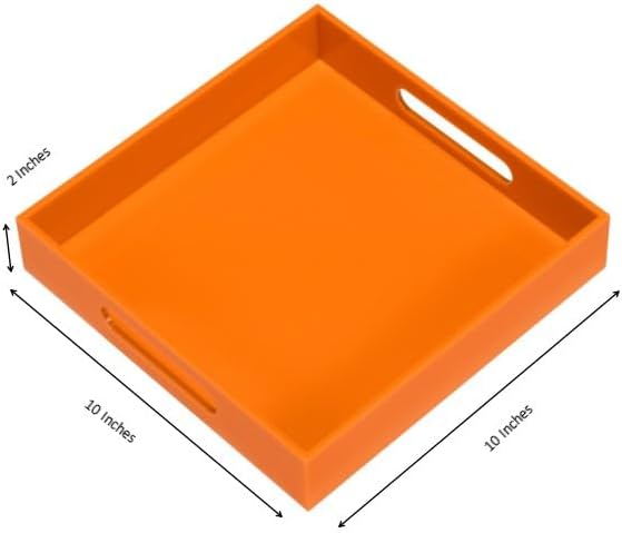 Orange Sturdy Acrylic Serving Tray with Handles-10x10Inch-Serving Coffee,Food,Breakfast,Butler-Kitchen Countertop Tray-Makeup Drawer Organizer-Vanity Table,Ottoman Tray-Decorative Tray