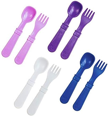 Re-Play Made in USA Toddler Forks and Spoons, Pack of 8 Without Carrying Case - 4 Kids Forks with Rounded Tips and 4 Deep Scoop Toddler Spoons - 0.2" Thick Toddler Utensils, Violet