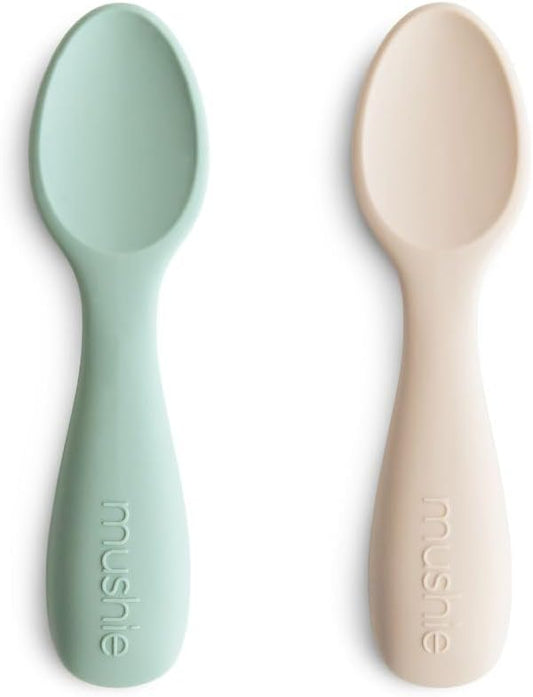 mushie Silicone Toddler Starter Spoons | 2 Pack (Cambridge Blue/Shifting Sand)