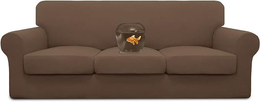 Easy-Going 100% Dual Waterproof Stretch Soft Couch Cover for Dogs, Sofa Slipcover for 3 Separate Cushion Couch Leakproof Furniture Protector for Kids, Pets Brown