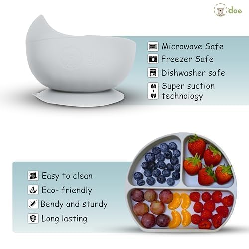 O'doe 11-Piece BPA-Free Silicone Baby Feeding Set | Thick & Soft Suction Plates, Baby Bowls, Wooden Fork & Spoon, and More | Make Mealtime Fun and Easy for Your Little One (Grey, V1)