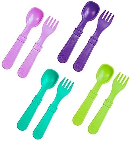 Re-Play Made in USA Toddler Forks and Spoons, Pack of 8 Without Carrying Case - 4 Kids Forks with Rounded Tips and 4 Deep Scoop Toddler Spoons - 0.2" Thick Toddler Utensils, Mermaid