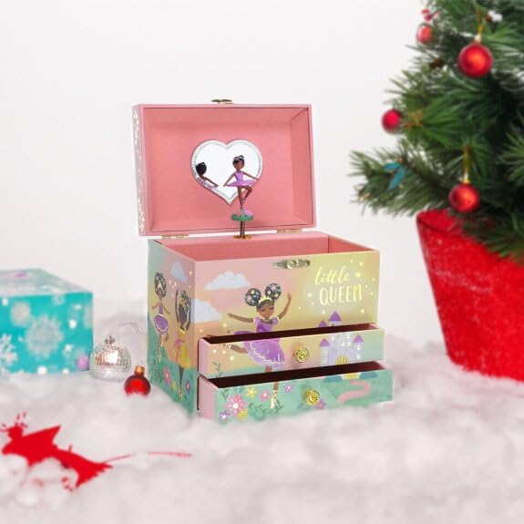 Jewelkeeper Jewelry Box for Girls - 2-Drawer Music Box with Little Queen Ballerina Dancing to Swan Lake, Cute Pink Design, Keepsake Storage for Treasured Accessories - 6.75 x 5.25 x 6 inches